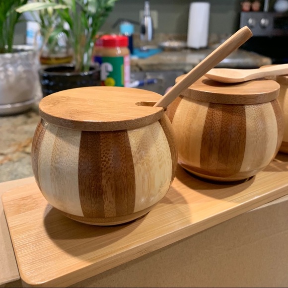 Condiment Bamboo Wood Set of 3 with spoons! - Picture 1 of 6